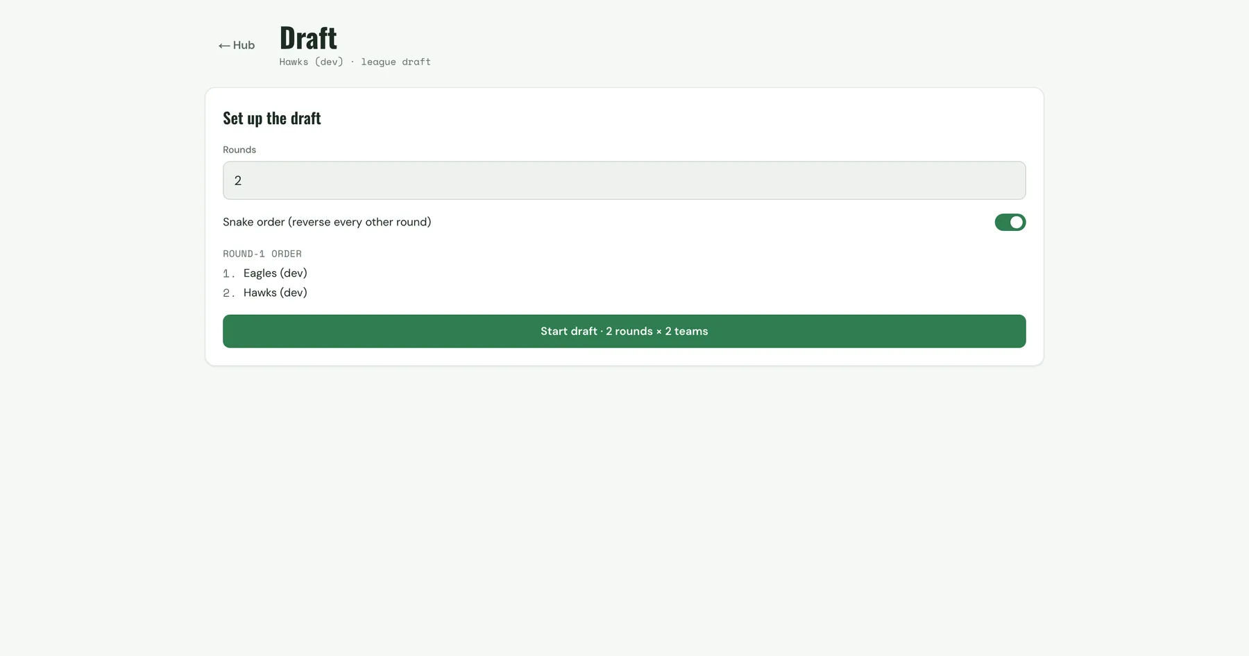 Snake draft board running a live, fair draft across teams.