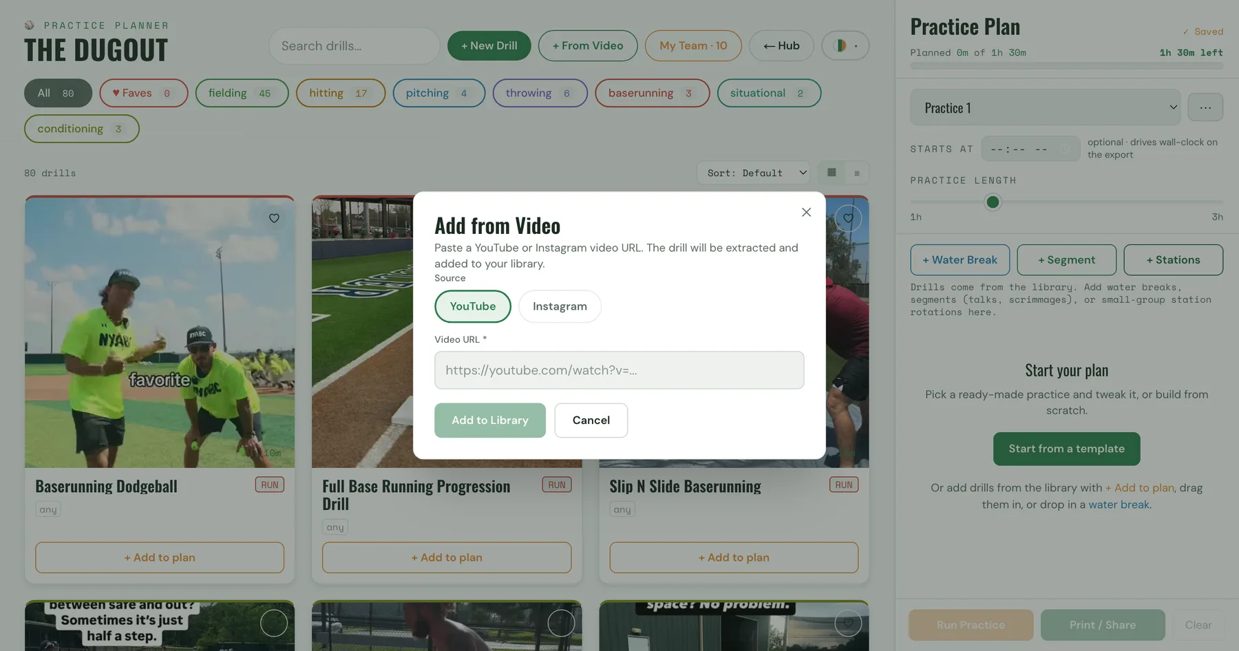 Drill library with the From-Video ingest modal for pasting a YouTube link to create a drill card.