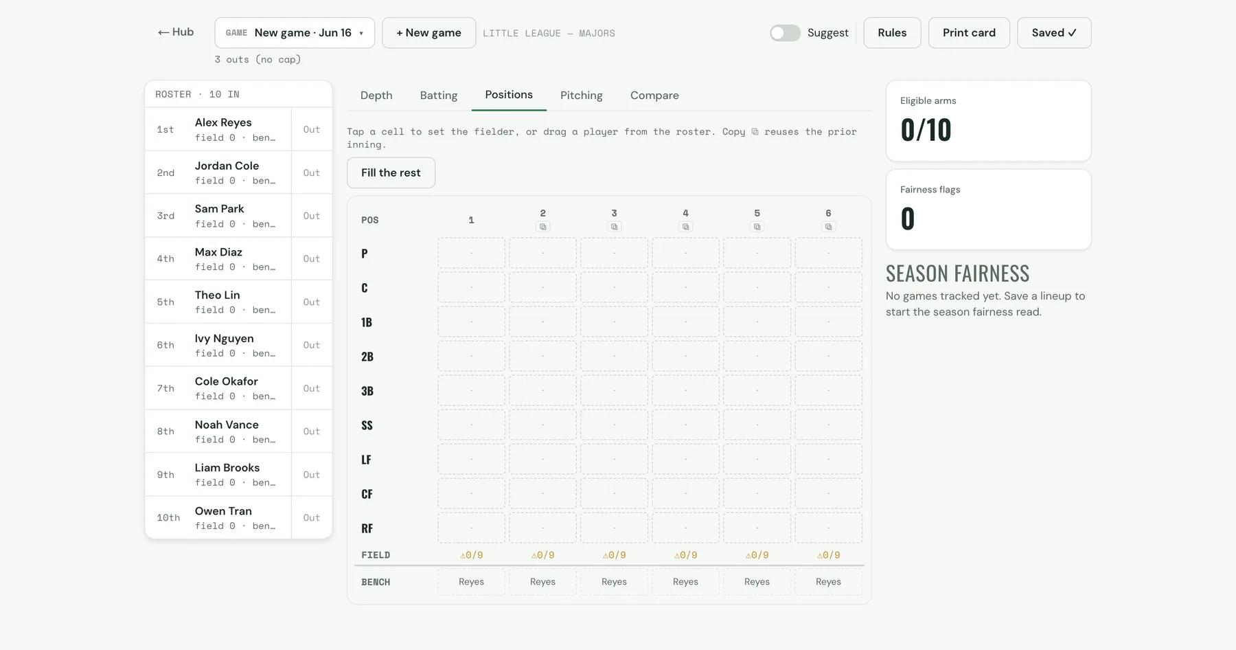 Lineup Builder showing the positions-by-inning grid, a season-fairness meter, and the printable lineup card.